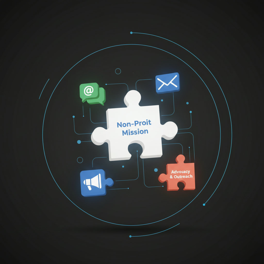 A visual representation of key non-profit marketing tools categorized. This could be a collection of diverse digital tools (icons representing email, social media, advocacy platforms) surrounding a central non-profit mission or a puzzle where each tool fits together to form a complete strategy.