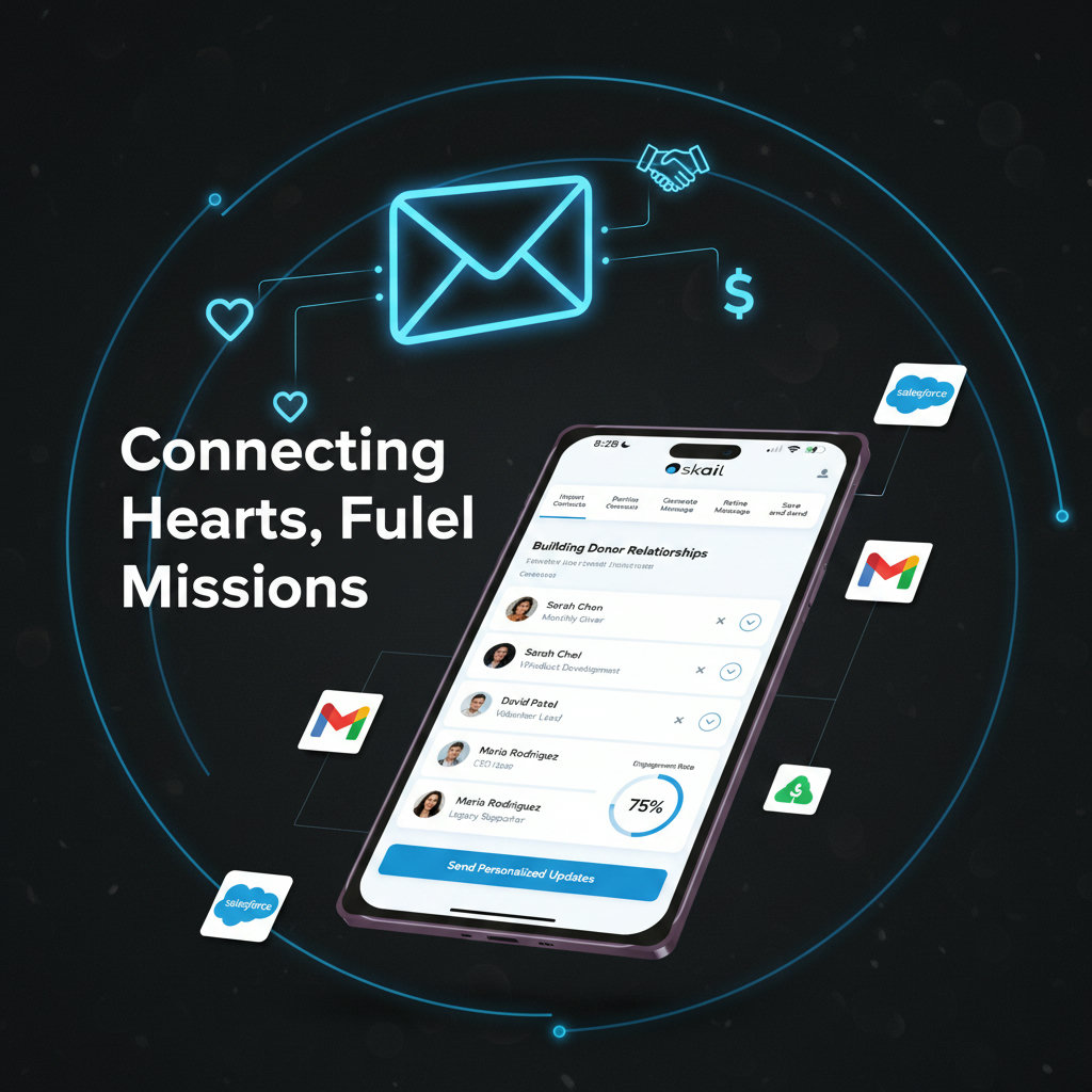An image emphasizing the 'building donor relationships' through email marketing. This could show a connection forming between a non-profit and a supporter, perhaps via a glowing email icon, symbolizing trust, gratitude, and a shared mission.