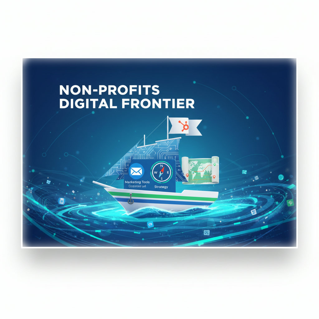 A ship navigating a digital ocean, representing non-profits trying to make an impact online. The ship should have a compass and map, symbolizing the essential marketing tools and strategy needed to avoid being lost in the 'digital frontier'.