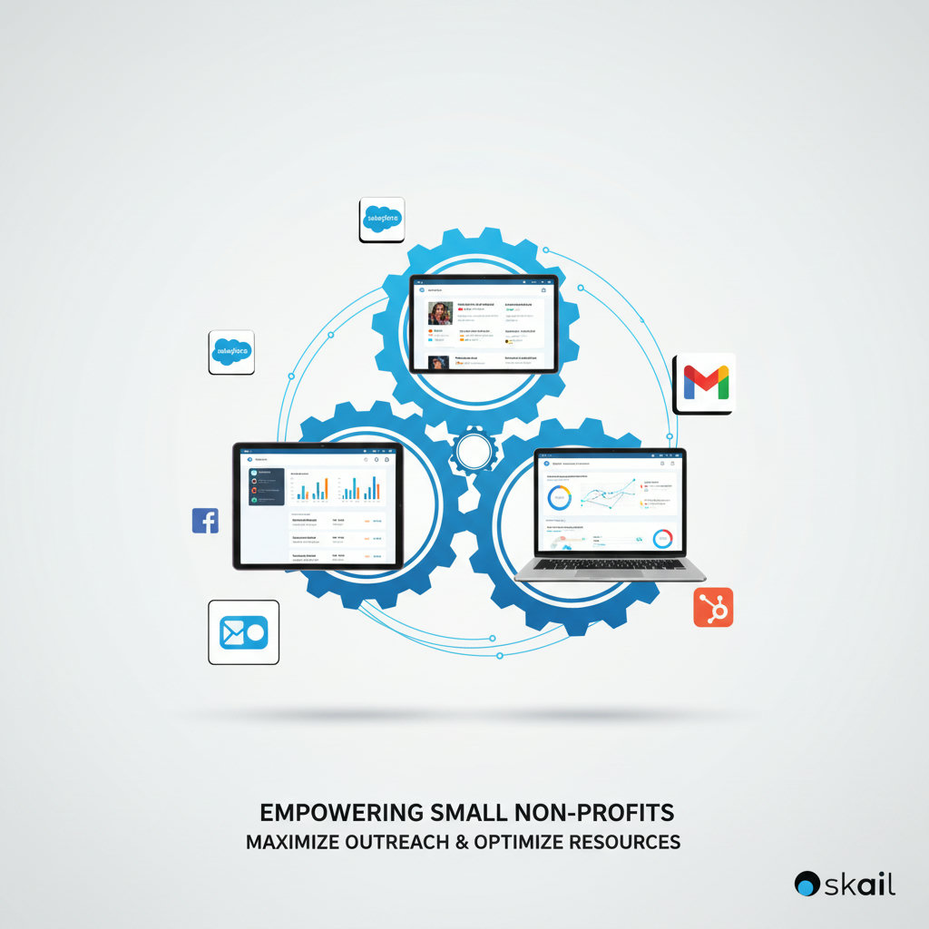 A set of interconnected digital tools (CRM, social media platforms, analytics dashboards) working together like gears in a well-oiled machine. This image should convey efficiency, resource optimization, and how these tools empower small non-profit teams to achieve significant outreach.