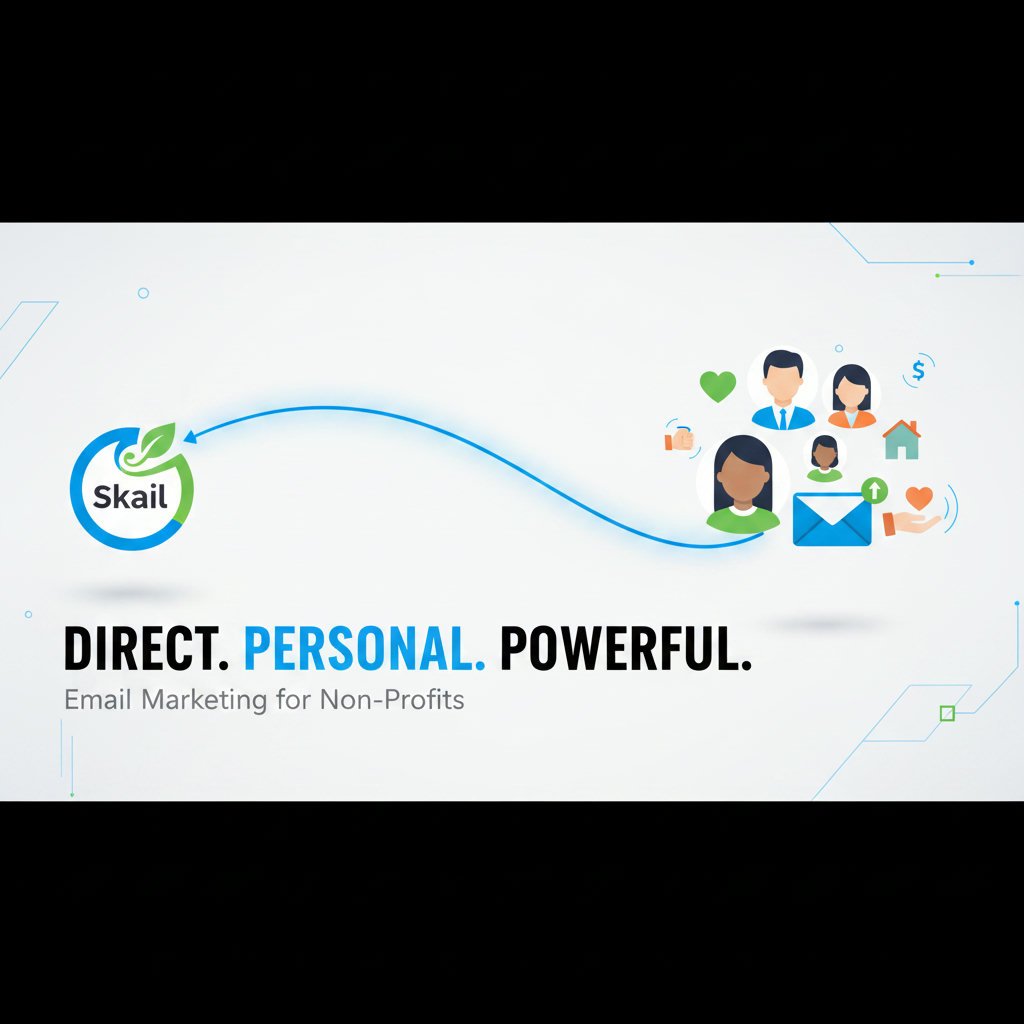 An email landing in an inbox, with a direct line connecting the sender (a non-profit logo) to the recipient (a diverse group of supporters). The image should highlight the personal, direct, and cost-effective nature of email marketing, perhaps with symbols of engagement like hearts or donation icons.