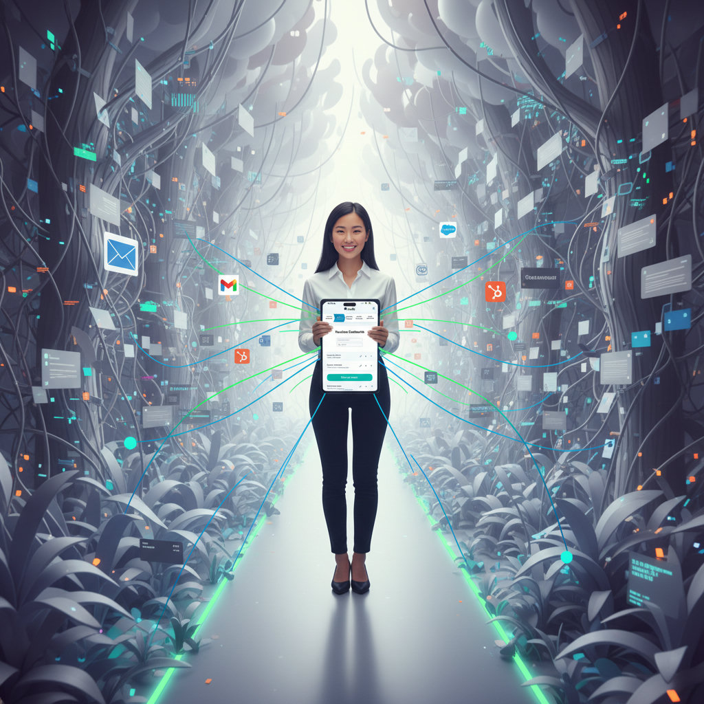 A person navigating a dense, tangled forest of digital information and content, trying to find a clear path or signal. Represents the 'noise' of modern marketing and the challenge of cutting through it.