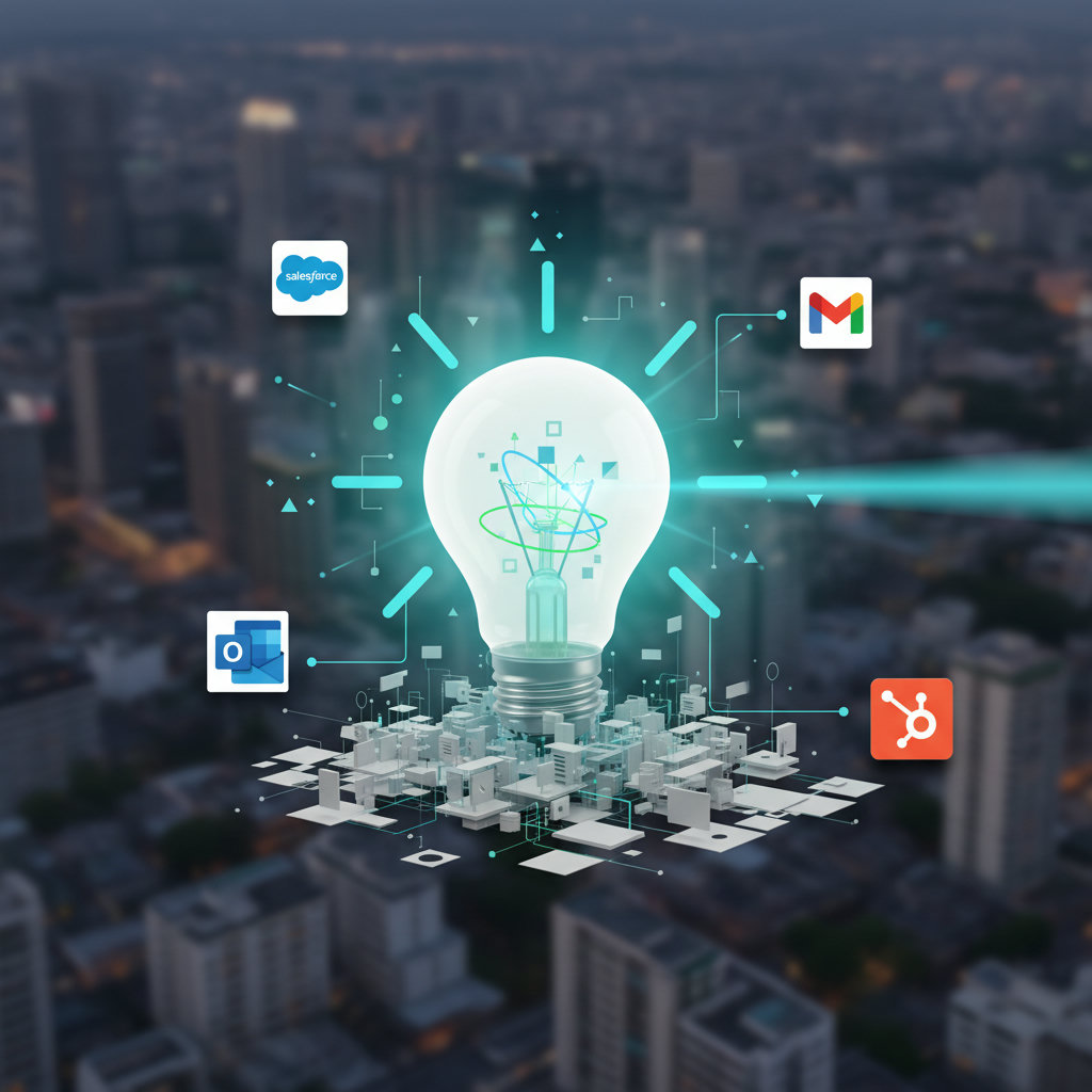 A minimalist, sleek lightbulb illuminating a complex, abstract problem or a clear path forward, symbolizing unique, potent insights. The background could be a busy, blurred cityscape representing the 'noise' the insight cuts through.
