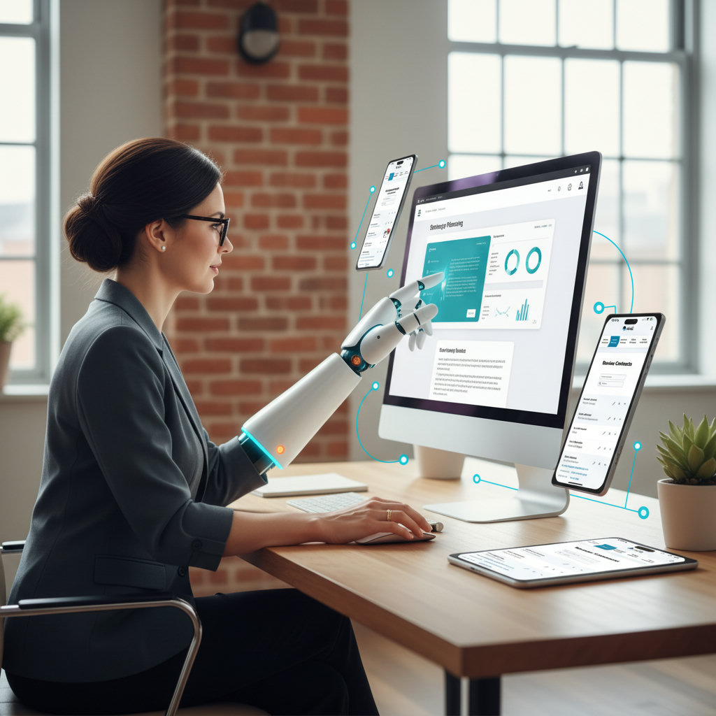 A modern AI-powered robot hand (or interface) seamlessly assisting a human professional in strategic planning, research, or content distribution, showing AI as an 'amplifier' or 'smart assistant' for thought leadership.