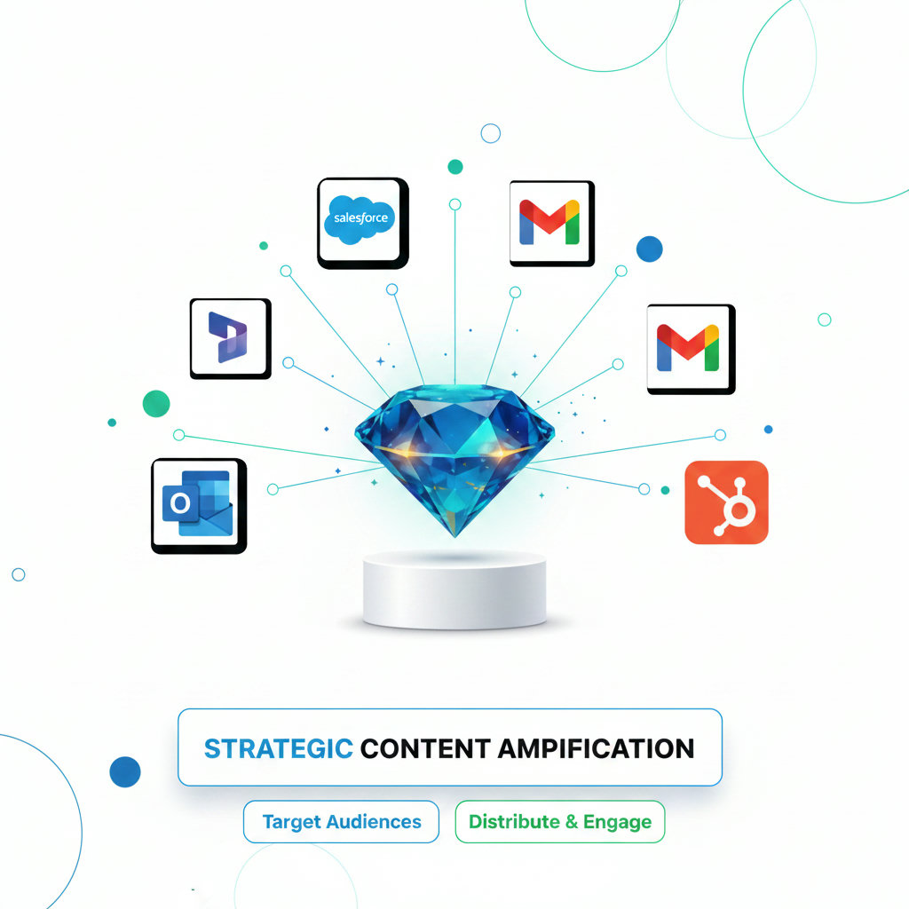 A visual metaphor of a 'gold nugget' or a finely crafted jewel, representing a high-quality, impactful piece of content, being amplified by various digital channels or networks, showing its strategic distribution rather than constant creation.