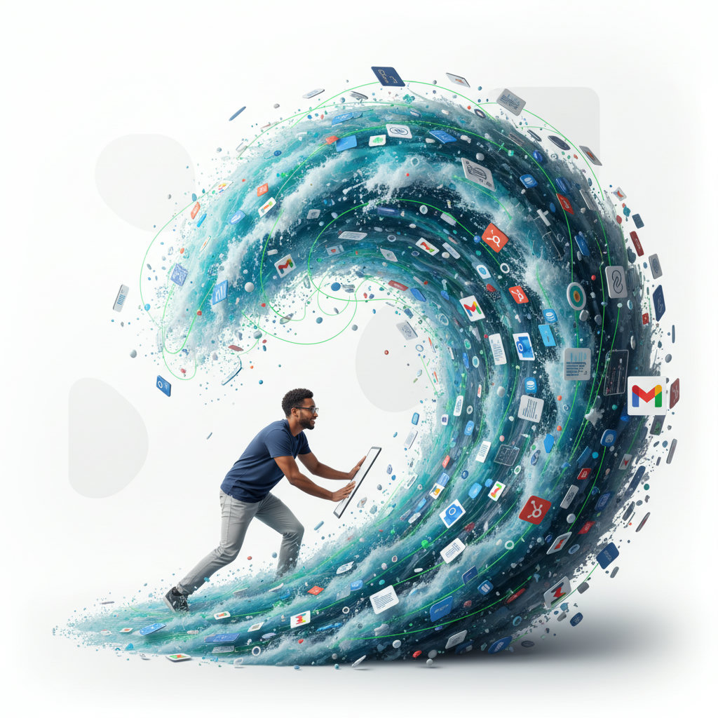 An overwhelming amount of content, depicted as a massive, turbulent wave or flood of information, contrasted with a small, struggling individual trying to navigate or stand against it.