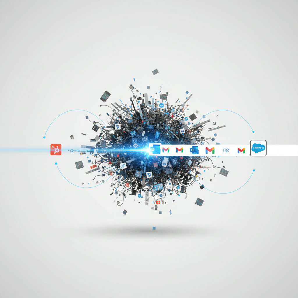 A focused beam of light or a precise surgical instrument cutting through a dense, chaotic mass of digital noise and clutter, representing strategic simplification.