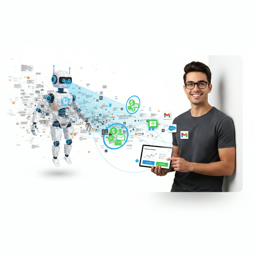 An AI robot or digital entity sifting through a vast, chaotic dataset, pinpointing and highlighting specific, valuable 'golden nuggets' or key insights, while a human strategizes.