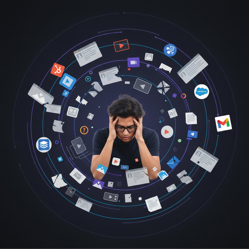 A chaotic sea of marketing content (blog posts, videos, social media snippets, images) swirling around a distressed marketer. Files are disorganized and scattered. This visual represents 'The Content Chaos Conundrum'.