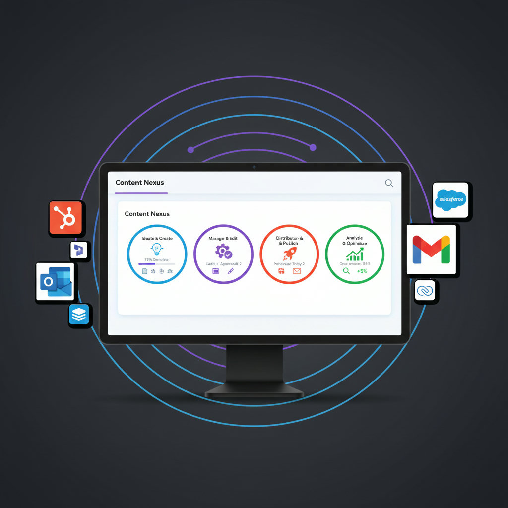 A clean, organized 'command center' or 'brain' for content operations, featuring a central dashboard with integrated icons for content creation, management, distribution, and analytics. It should convey order and control.