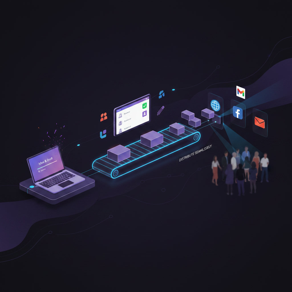 A visual showing a 'pipeline' or 'assembly line' for content. On one end, content is produced efficiently. In the middle, it's managed and approved. On the other end, it's distributed seamlessly across multiple channels (website, social media, email) to a diverse audience, representing 'Streamlined Workflows & Efficiency'.
