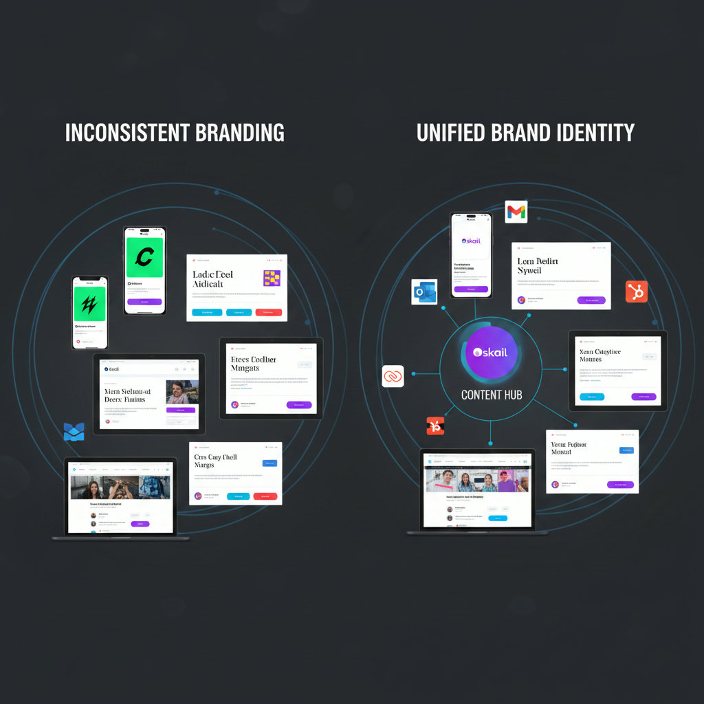 A split image: one side showing inconsistent branding (e.g., mismatched logos, varying color palettes) and the other side showing a unified, strong brand identity with consistent elements across different platforms, symbolizing 'Consistent Brand Voice & Messaging' achieved through a content hub.