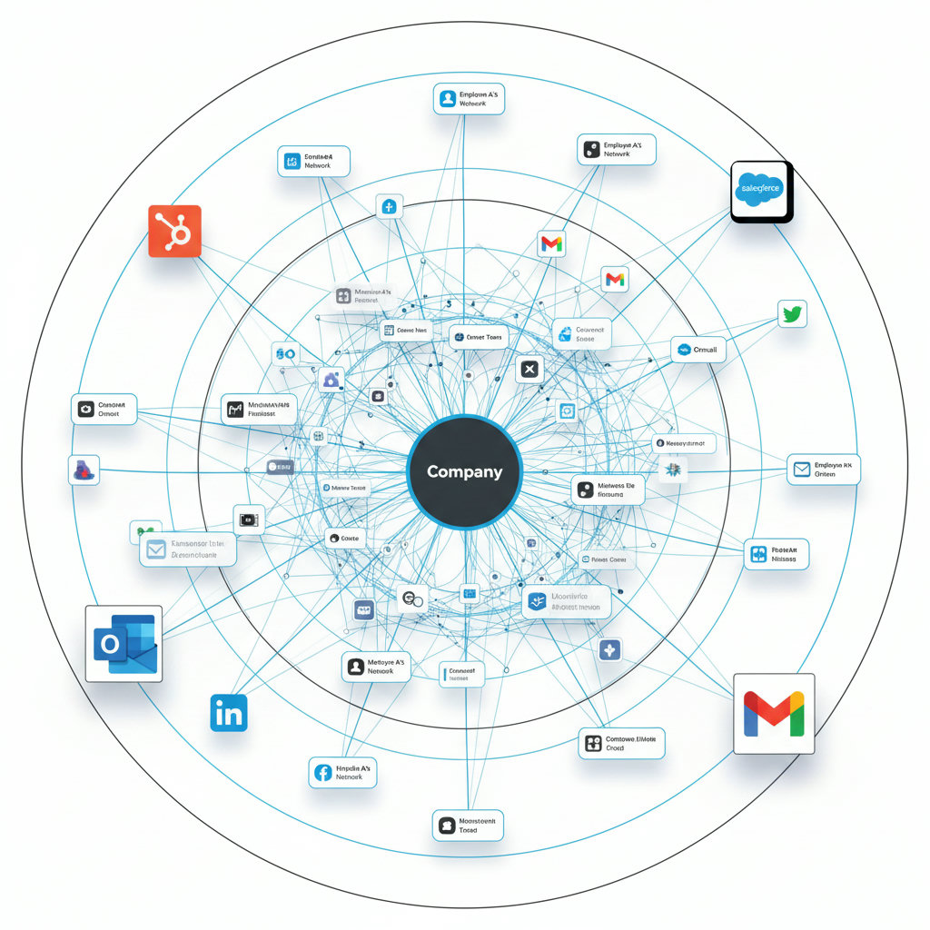 A visually striking representation of a network expanding outwards from a central point (the company) through many smaller, interconnected nodes (employees' social networks). Emphasize the organic growth and wide reach.