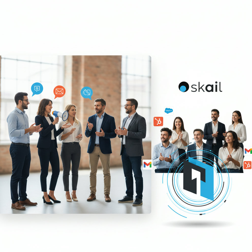 An image depicting diverse employees, each with a speech bubble or megaphone, speaking authentically and building trust with an audience that looks engaged and receptive, contrasting with a more static, corporate logo.