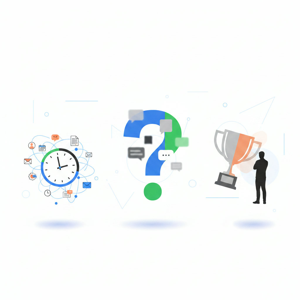 Illustrate common hurdles like a clock with scattered tasks representing 'time constraints,' a question mark for 'uncertainty' about what to share, and a fading trophy or unacknowledged person for 'lack of incentive.'