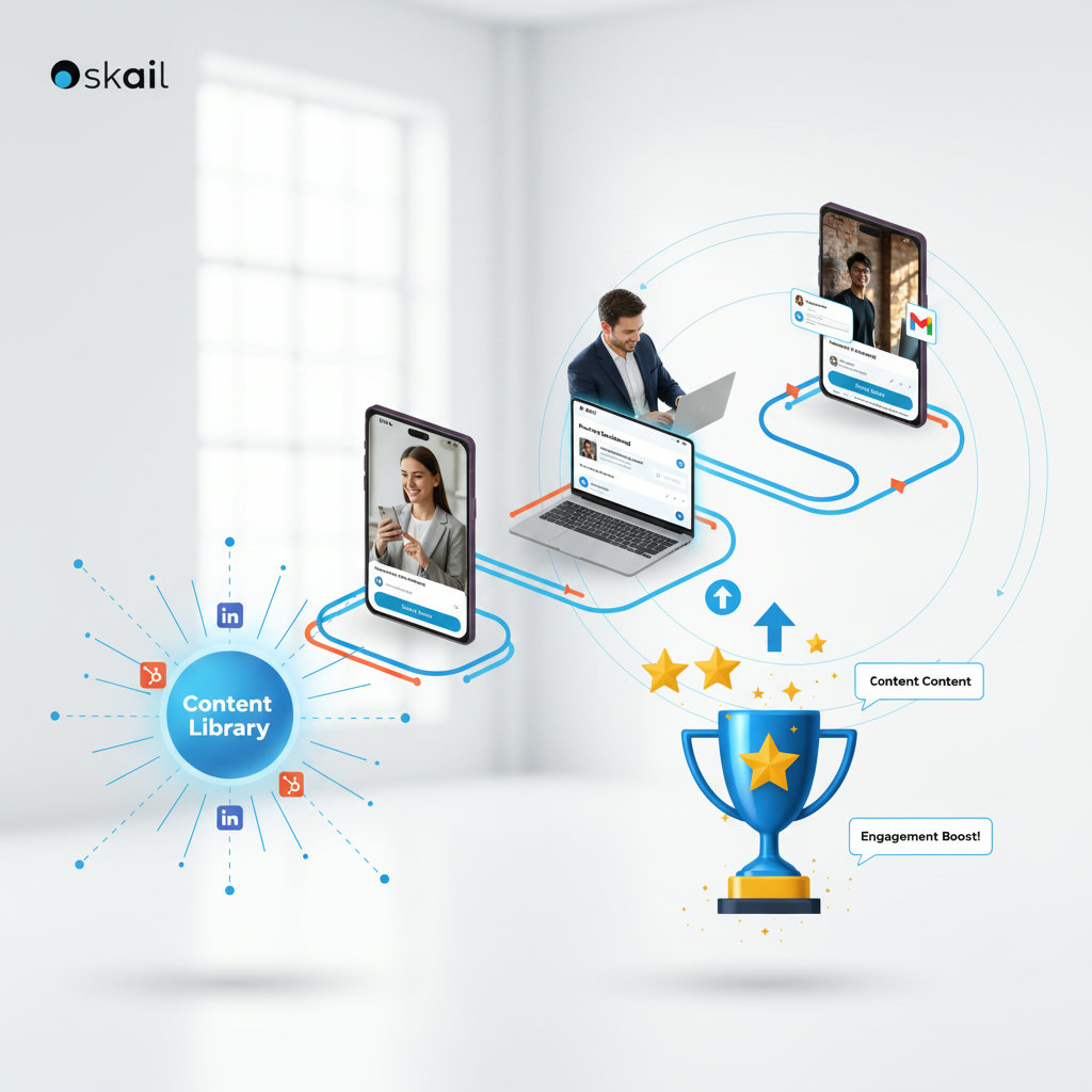 An image showing a streamlined process: a clear path from a central content library (curated content) to multiple employees easily sharing on their devices, with rewards or recognition symbols highlighting positive outcomes.