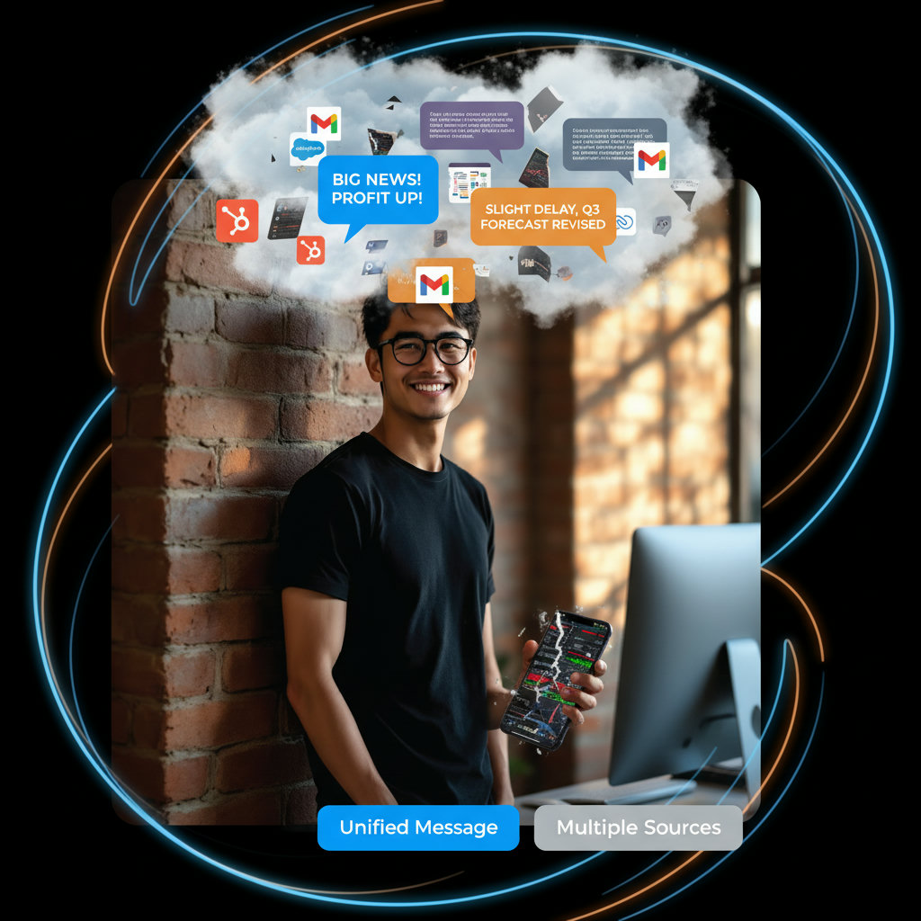 A visual representation of inconsistent messaging, perhaps showing fragmented brand elements or a confused audience trying to understand different voices coming from one source. Could involve a person's head filled with multiple, conflicting speech bubbles or different styles of communication.