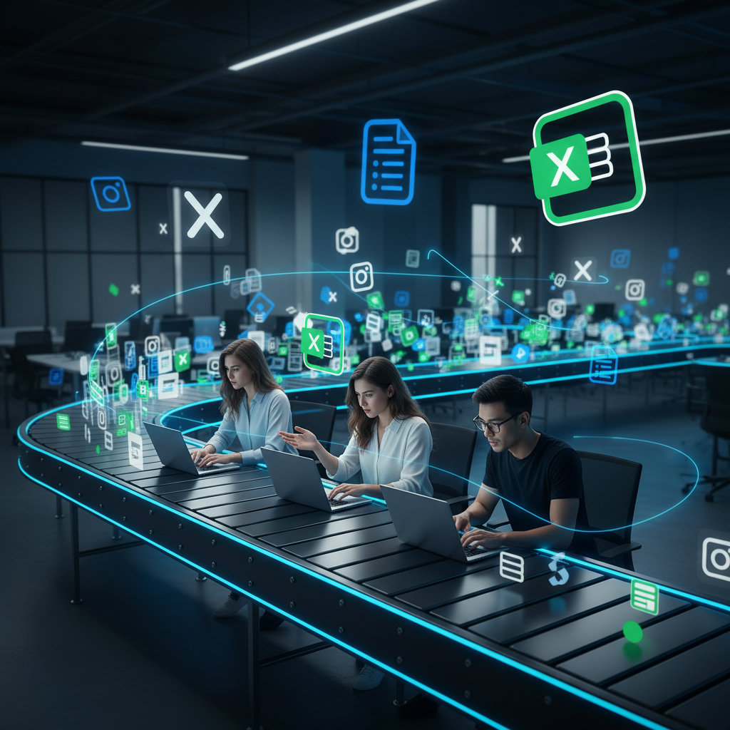 An image illustrating the 'content treadmill' – a person or team struggling to keep up with a relentless, fast-moving conveyor belt of content, symbolizing the high demand for content production.