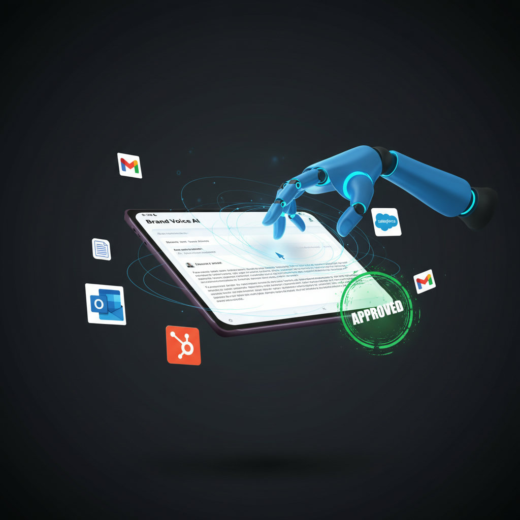 A graphic depicting Brand Voice AI as a 'digital guardian' or 'expert editor' for content. It could show a robotic arm or an AI interface seamlessly integrating with content creation, ensuring brand guidelines are met, perhaps with a glowing 'approved' stamp.
