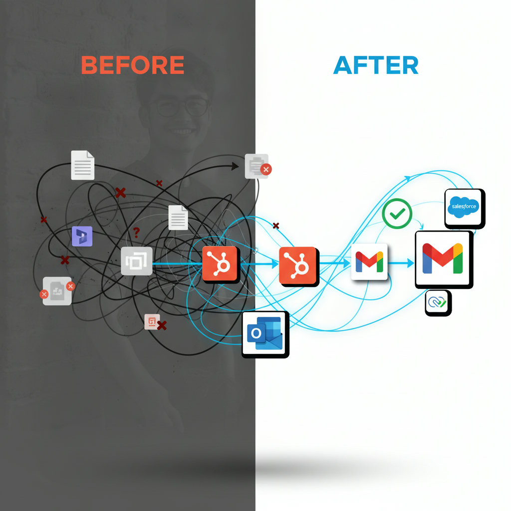 Visualize the benefits of Brand Voice AI, showing an efficient, streamlined workflow. This could be a before-and-after, with a chaotic, tangled content process transforming into a clear, linear, and well-organized one, perhaps with elements of time-saving or quality assurance.