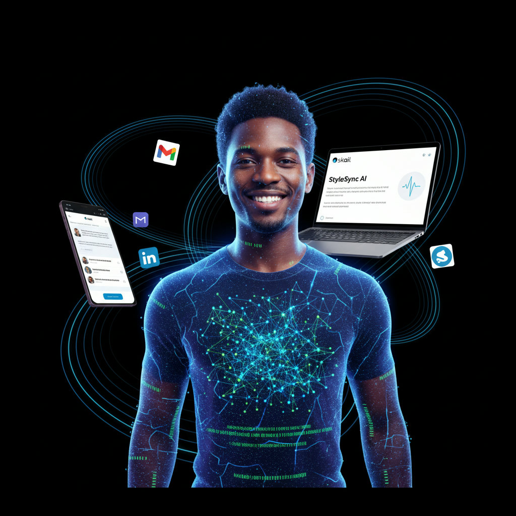 An AI entity that mirrors a person's unique communication style and essence. Visually, this could be a digital reflection or a holographic projection of a person, integrated with AI elements like code or neural networks, to show intelligent, authentic replication.