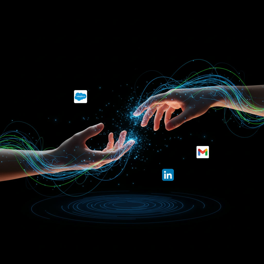 The concept of leveraging AI not to replace human connection, but to extend and amplify it. Imagine two hands (representing human connection) reaching out, with digital, glowing tendrils or light (representing AI) extending from them, connecting with many points, symbolizing scaled but authentic interaction.