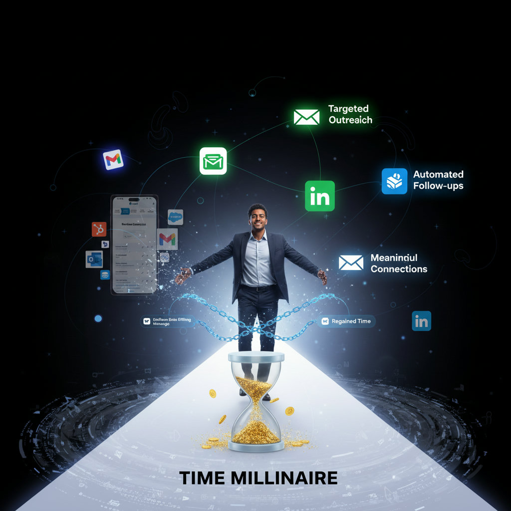 A visual metaphor for escaping the 'time sink' in B2B prospecting. Perhaps a person breaking free from chains or quicksand made of repetitive tasks (like endless data sifting, generic messages), stepping into a bright, open space, symbolizing regained time and efficiency, becoming a 'time millionaire'.