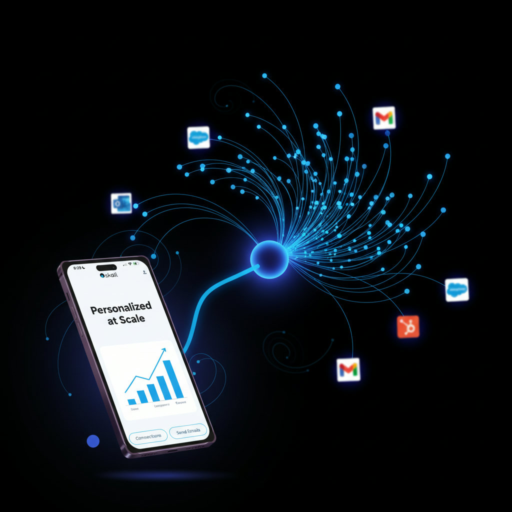 The idea of personalized communication delivered at an unprecedented scale. This could be depicted as a single, glowing, authentic message or voice emanating from one source, then branching out into a multitude of uniquely tailored, yet still personal, interactions reaching a vast audience, perhaps shown as many individual, connected dots.