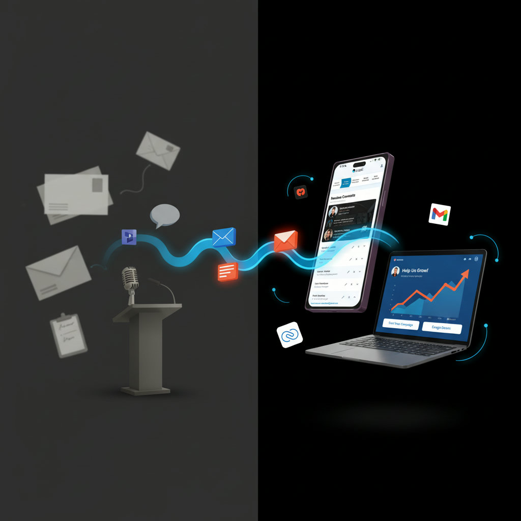 A visual representation of the transformation of non-profit outreach from traditional methods (mailers, speeches) to digital methods (social media, online campaigns). Perhaps a split image or a progression showing old methods fading into new, vibrant digital ones.