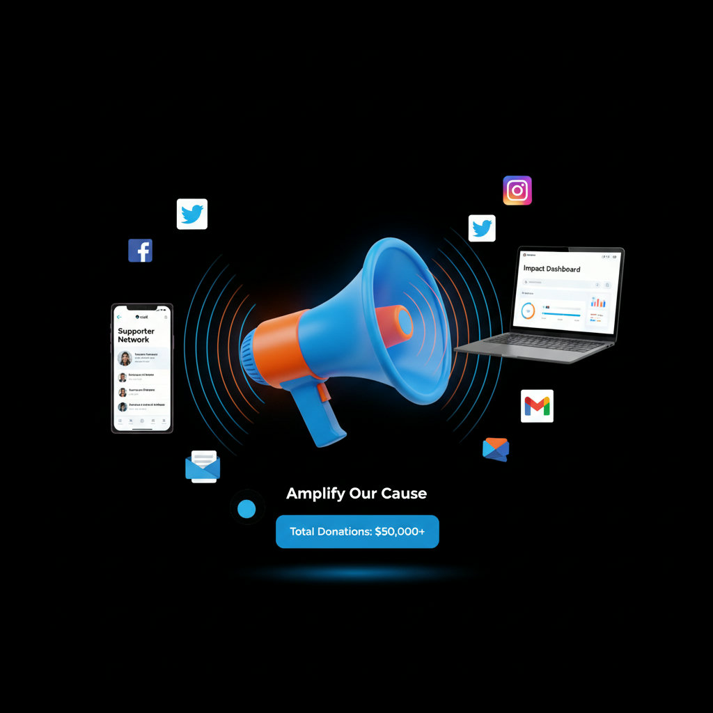 Visualize an advocacy platform as a 'megaphone and hub' for non-profits. This could be a central digital hub emitting sound waves or light, connecting various elements like supporters, social media icons, and impact metrics.