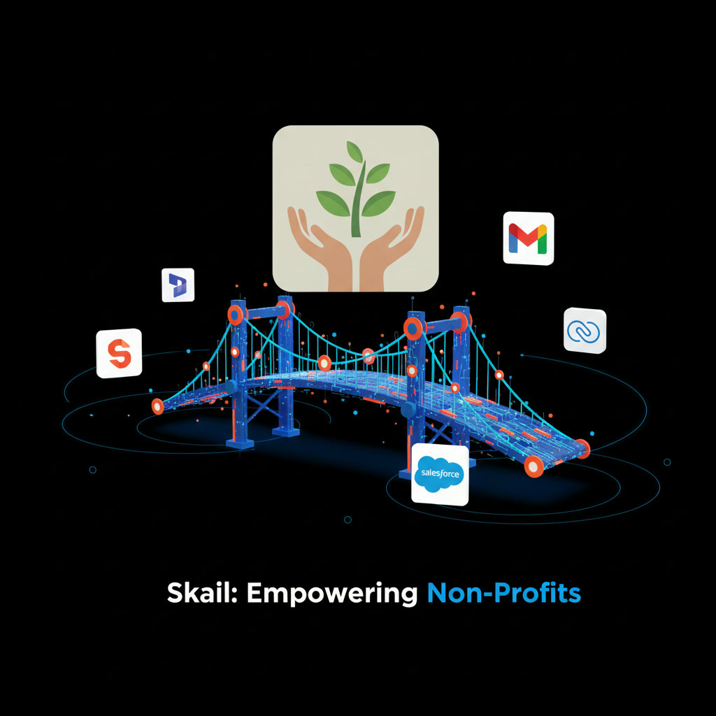 A visual representing 'Skail' as a partner empowering non-profits. This could be a handshake or a supportive structure (like a bridge or a helping hand) made of digital elements, lifting up a non-profit organization or its mission.