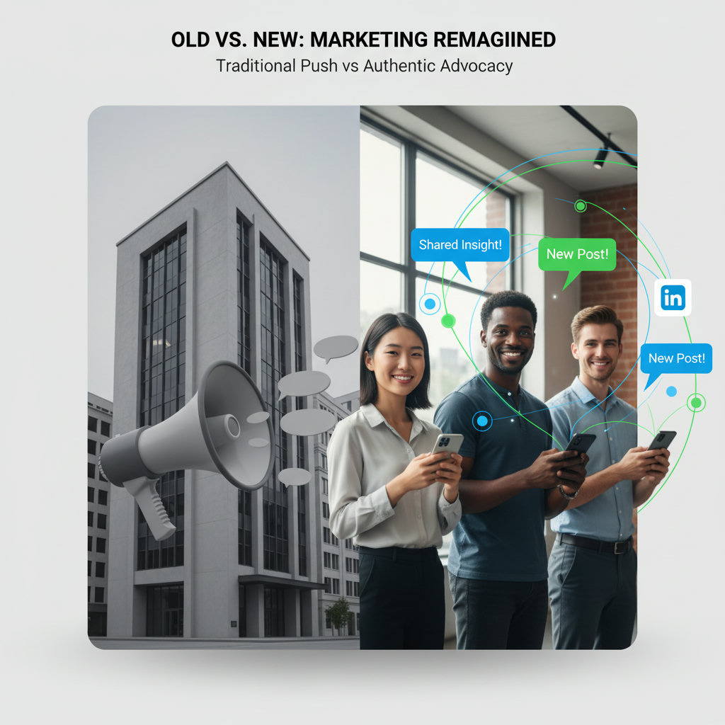 A visual contrast between outdated, stiff traditional marketing (e.g., generic megaphone, corporate facade) and dynamic, authentic AI-powered employee advocacy (e.g., diverse employees speaking genuinely, network connections).