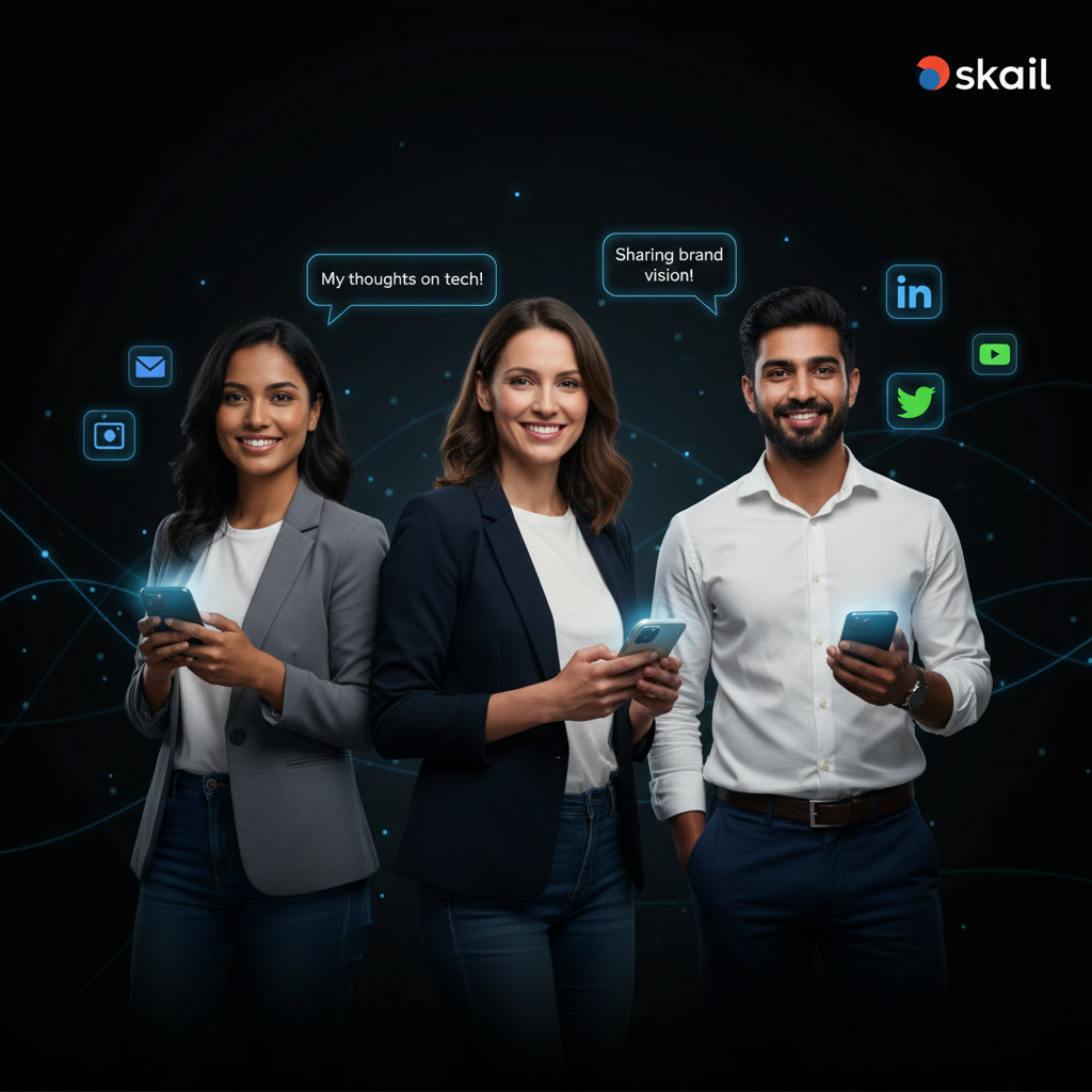 Showcasing employees as individual influencers or brand ambassadors, perhaps with personal social media bubbles or glowing icons, symbolizing their unique voices amplifying the brand's message across various platforms.