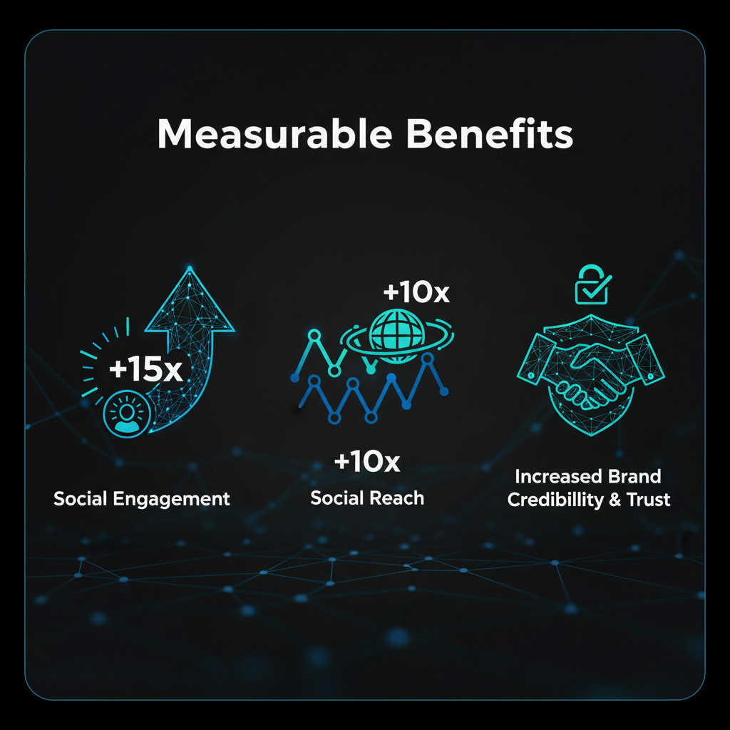 Illustrating the measurable benefits: graphs or icons representing +15x social engagement, +10x social reach, and increased brand credibility/trust, possibly with intertwining networks or a growing audience.