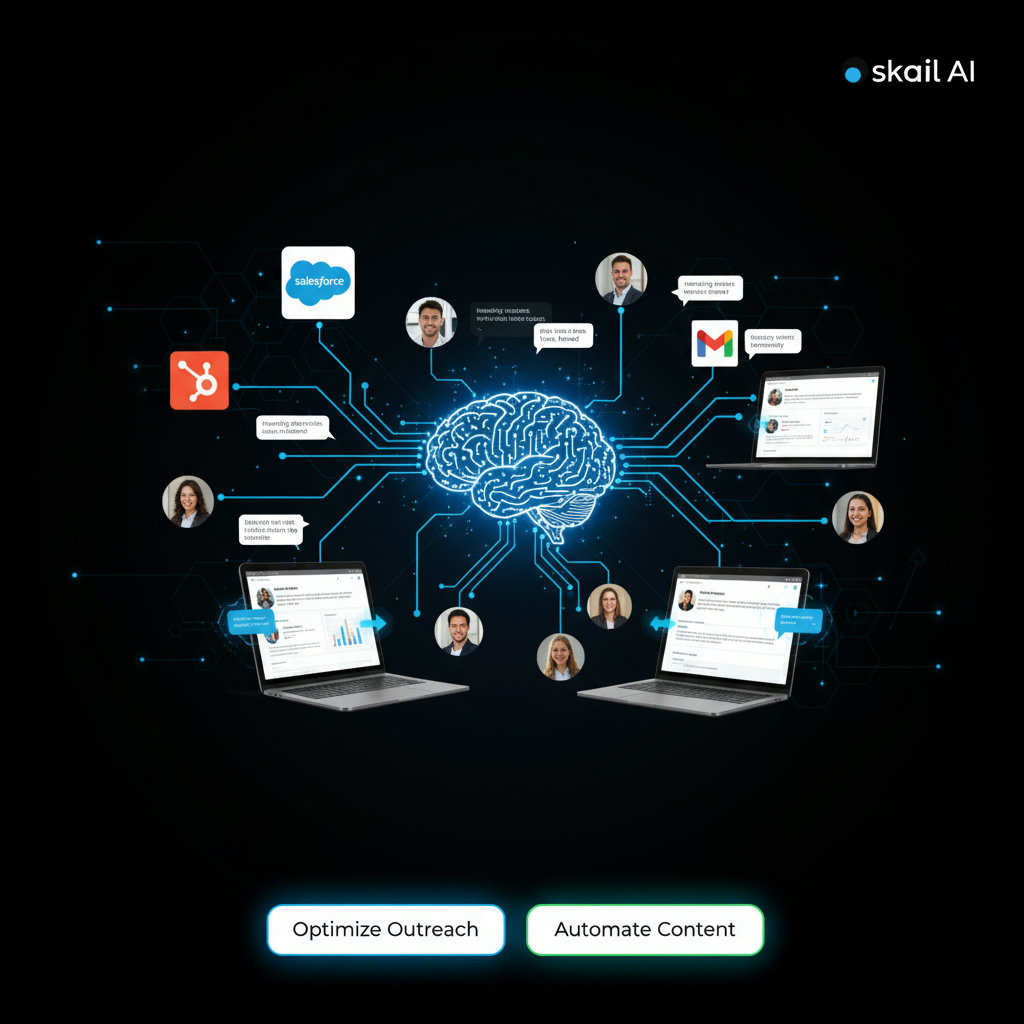 A visual representation of Skail AI's technology, showing AI learning individual employee tones and styles, seamlessly distributing content across platforms, and optimizing outreach, perhaps as a smart, interconnected network.