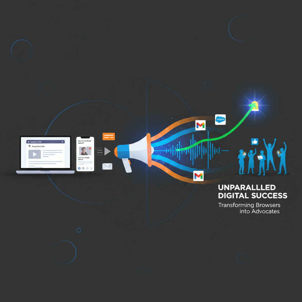 An illustration showing content (like blog posts, videos, social media updates) being created and then visually 'amplified' or 'supercharged' as it reaches an audience, transforming casual browsers into loyal advocates. Use elements like sound waves, spotlights, or a megaphone effect to convey amplification. The journey should lead to 'unparalleled digital success,' possibly depicted by a rising graph or a shining beacon.