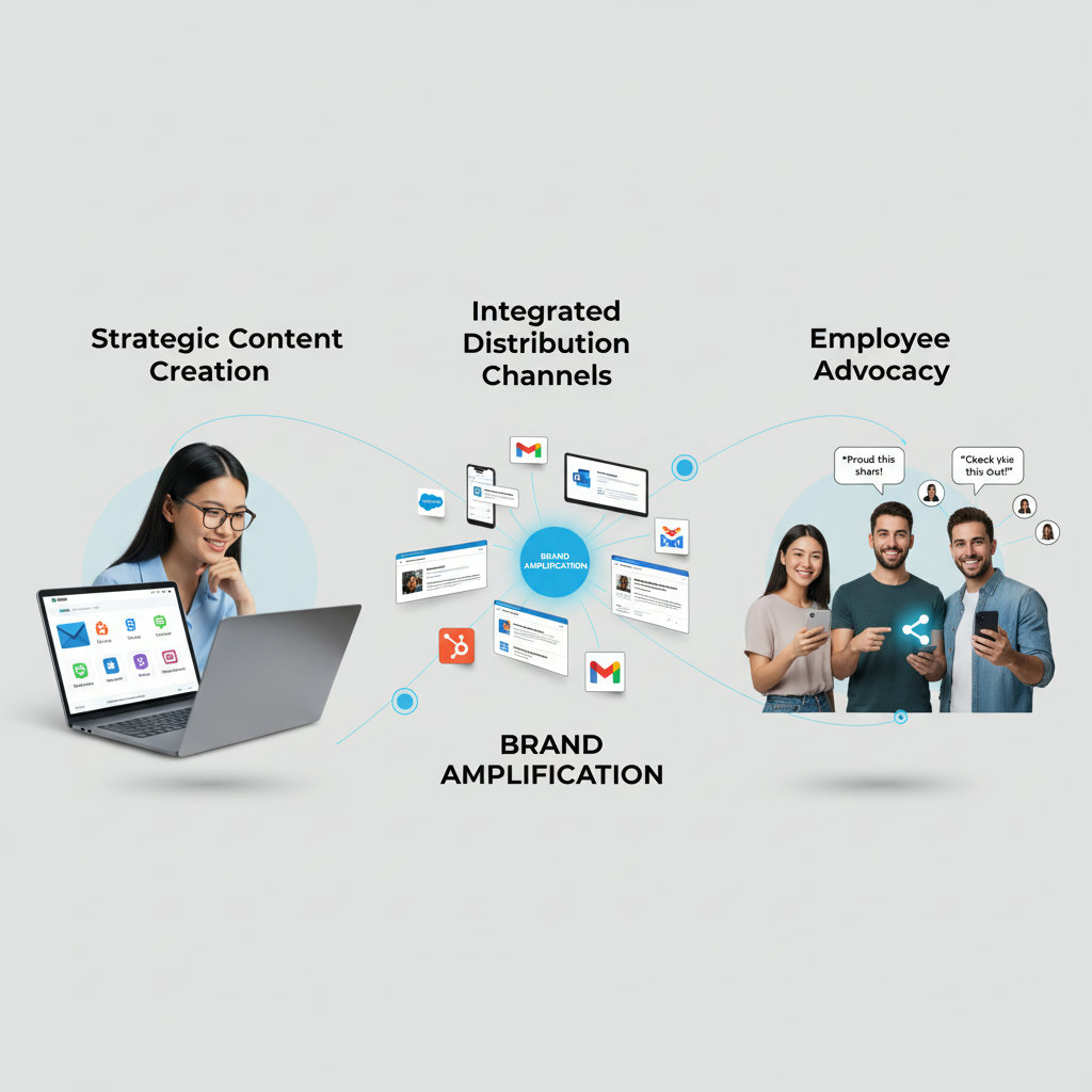 An image emphasizing the 'three pillars' of brand amplified marketing: Strategic Content Creation (depicting a person thoughtfully writing or creating diverse content formats), Integrated Distribution Channels (showing content flowing across various digital platforms like social media, email, websites), and Employee Advocacy (employees proudly sharing company content with a network of connections). These three elements should be interconnected and supporting a central 'brand amplification' idea.