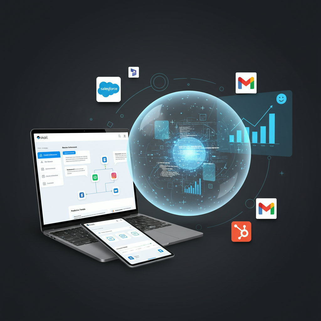 A visual representing AI as a 'super-powered co-pilot' or 'crystal ball' in marketing. It could show AI analyzing data (charts, graphs, code) to enhance content, streamline distribution (automating tasks, personalizing messages), and predict future trends (a gaze into a futuristic sphere showing successful outcomes). This image should convey AI as a powerful enabler of marketing efficiency and foresight.