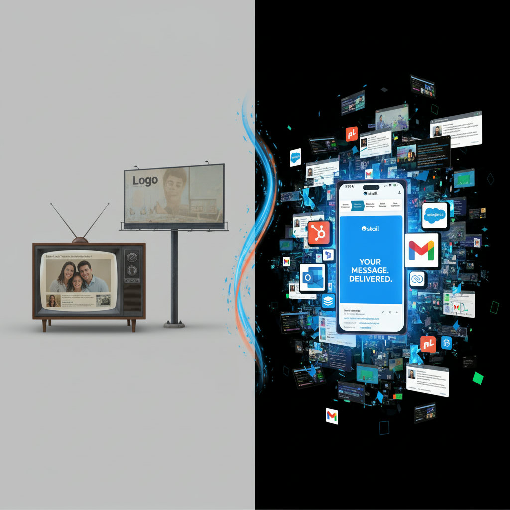 A visual contrasting traditional marketing (e.g., a static print ad or TV screen with a fixed image) with modern digital marketing. Modern marketing should be depicted as dynamic, bustling, and possibly overwhelming (a 'raging, exhilarating whitewater rapids' or a 'bustling metropolis of voices'), with the brand's message cutting through the noise and shining brightly.